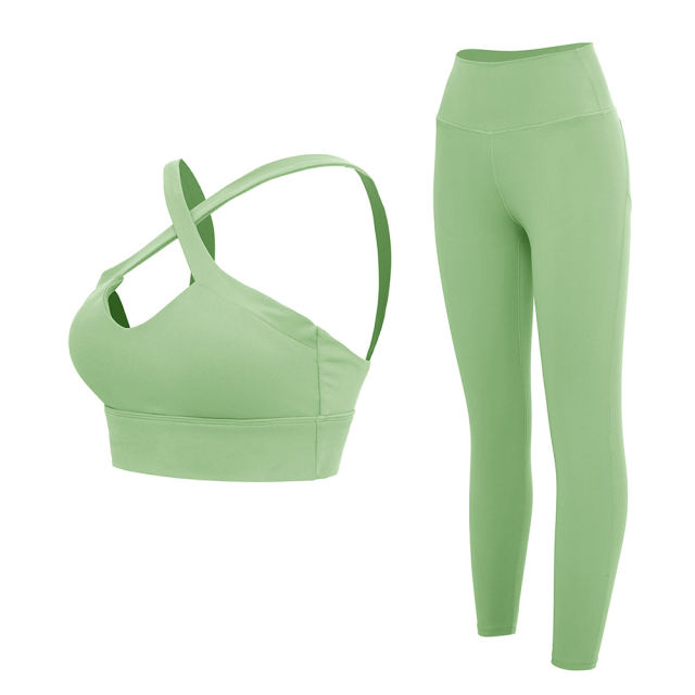 Green Cross Shoulder Bra with Pant Yoga Set TQE91344-9