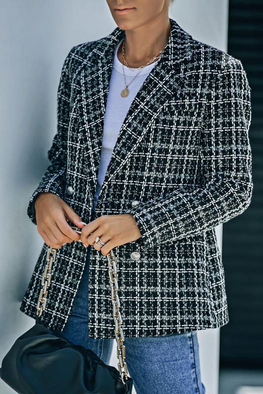 Black Lapel Collar Plaid Tweed Double Breasted Blazer LC852400-2