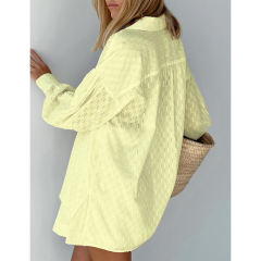 Yellow Hollow-out Jacquard Long Sleeve Shirt with Shorts Set TQF711040-7