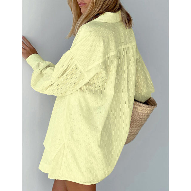 Yellow Hollow-out Jacquard Long Sleeve Shirt with Shorts Set TQF711040-7