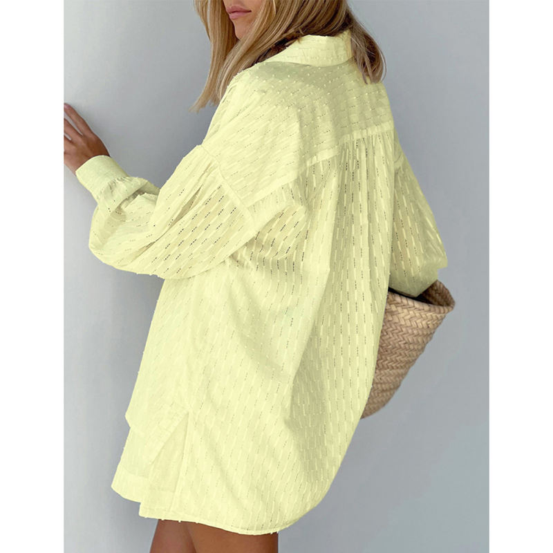 Yellow Hollow-out Jacquard Long Sleeve Shirt with Shorts Set TQF711040-7