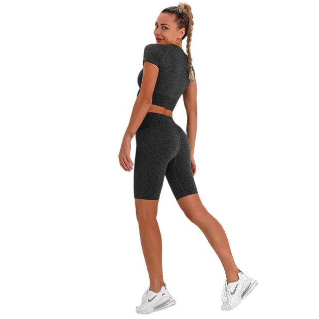 Dark Gray Seamless Short Sleeve Yoga Sports Set TQE00138-26