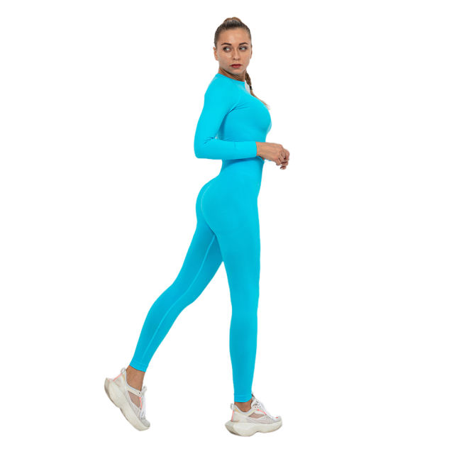 Lake Blue Seamless Long Sleeve Yoga Sports Set TQE00135-110