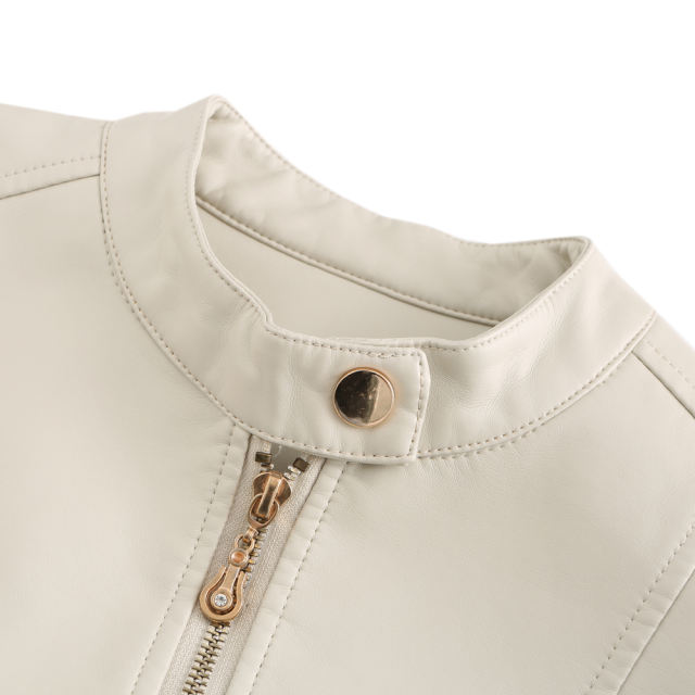 Beige Stand Collar Zipper Detail PU Leather Jacket TQK280094-46