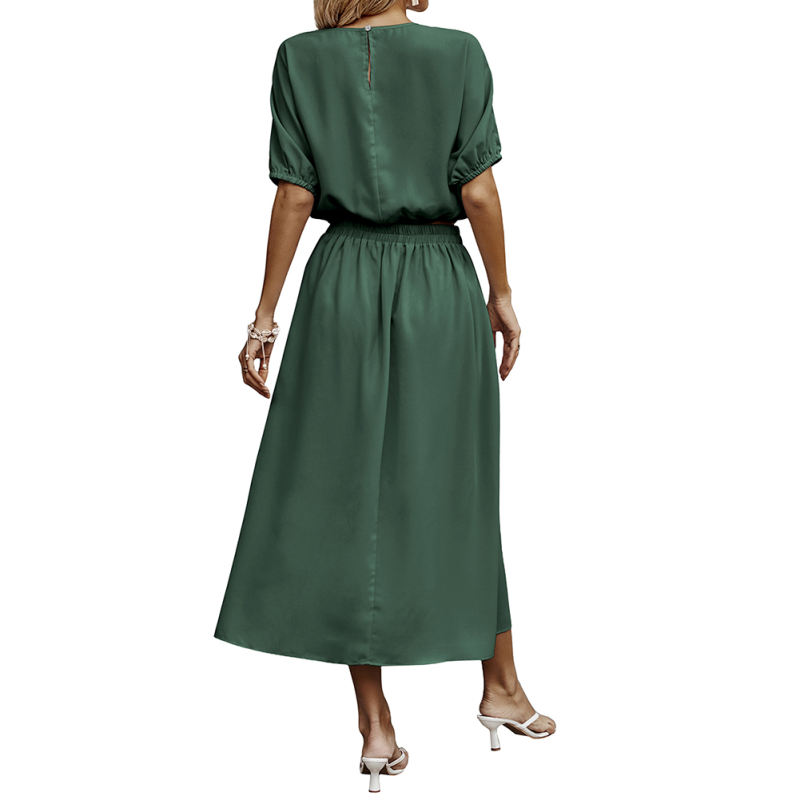 Dark Green Pleated Crop Top with Skirt Set TQX711094-36