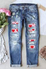 Sky Blue Valentine's Day Heart Patchwork Distressed Jeans LC7872635-4