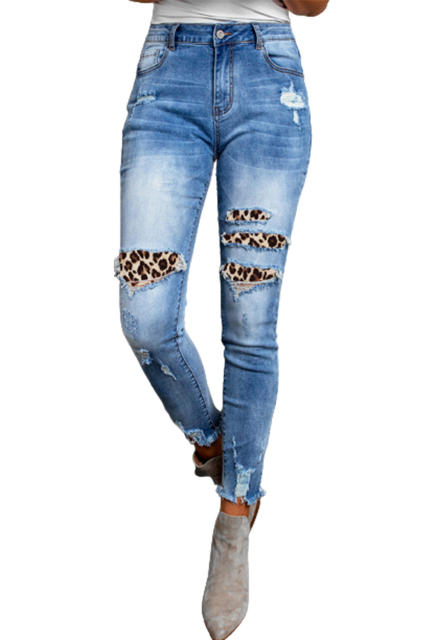 Leopard Patchwork Distressed Skinny Ankle High Waist Pants LC783948-4