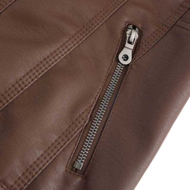 Coffee Removable Hooded Washed PU Leather Jacket TQK280096-15