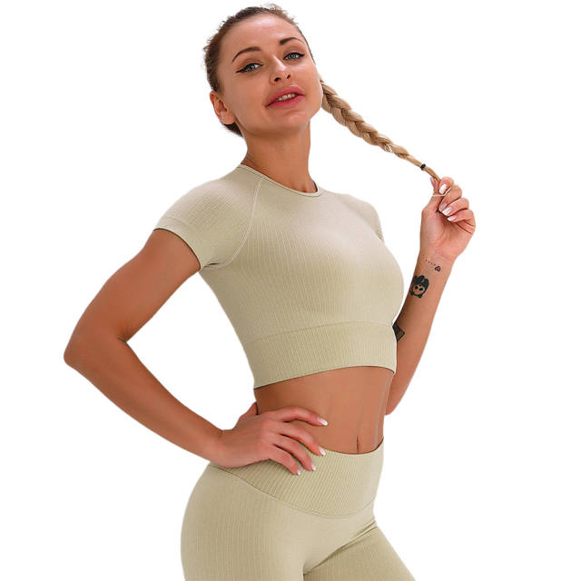 Light Yellow Seamless Short Sleeve Yoga Sports Set TQE00138-42