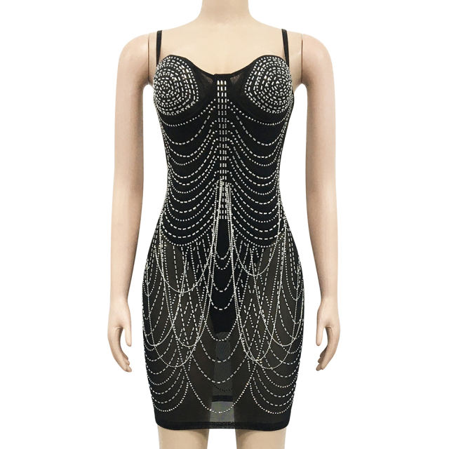 Black Padded Rhinestone Studded Mesh Sling Bodycon Dress TQK311158-2