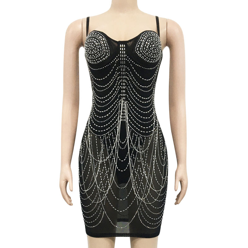 Black Padded Rhinestone Studded Mesh Sling Bodycon Dress TQK311158-2