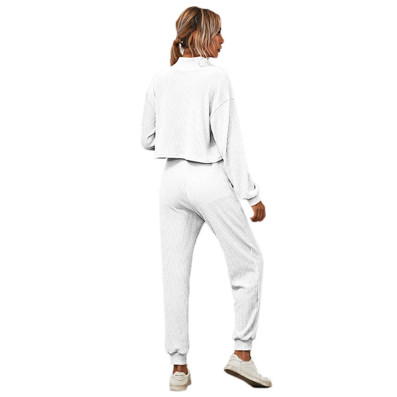 White Zipper Up Leopard Detail Sweatshirt with Pant Set TQK710222-1