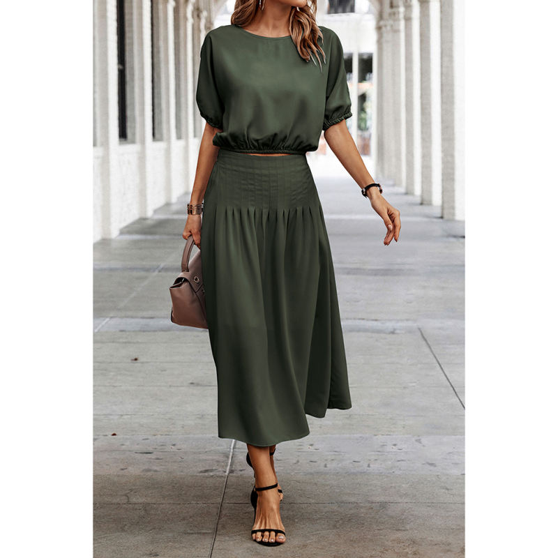 Army Green Pleated Crop Top with Skirt Set TQX711094-27