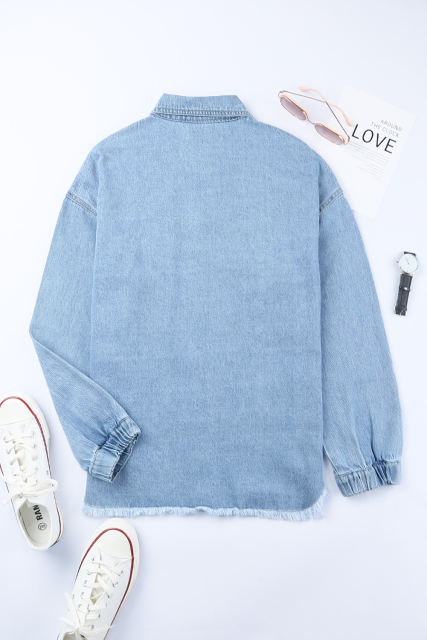 Sky Blue Rhinestone Pearls Denim Shacket LC788118-4