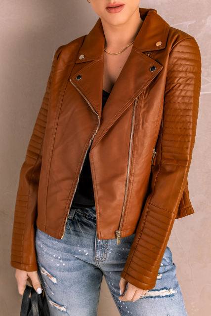 Brown Ribbed Seam Detail Faux Leather Zipped Motorcycle Jacket LC8512444-17
