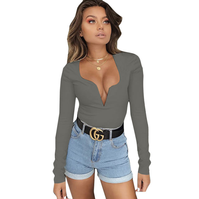 Gray Deep V Long Sleeve Bodysuit TQK550156-11