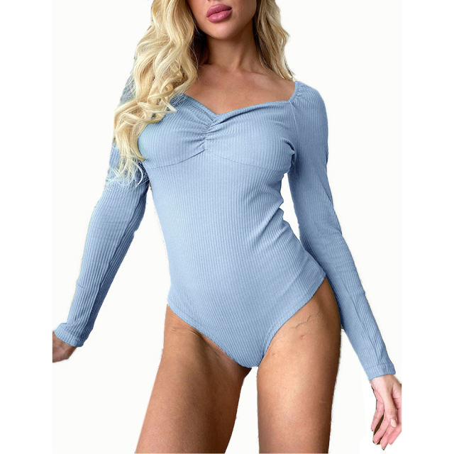 Light Blue Pleated V Neck Long Sleeve Bodysuit TQK550215-30