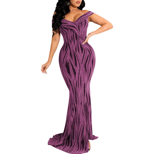 Purple Shiner V-Neck Fishtail Evening Dress TQK311174-8