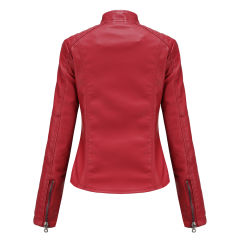 Red Slim Fit Stand Collar PU Motorcycle Jacket TQK280091-3