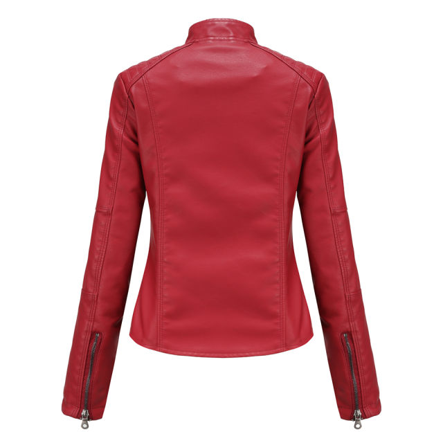 Red Slim Fit Stand Collar PU Motorcycle Jacket TQK280091-3