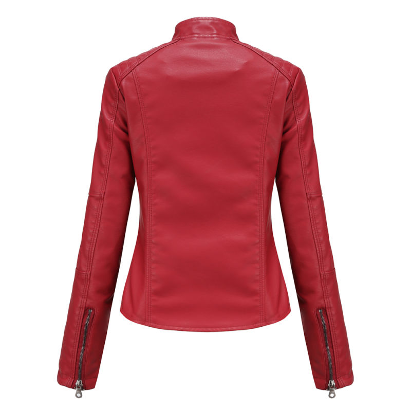 Red Slim Fit Stand Collar PU Motorcycle Jacket TQK280091-3