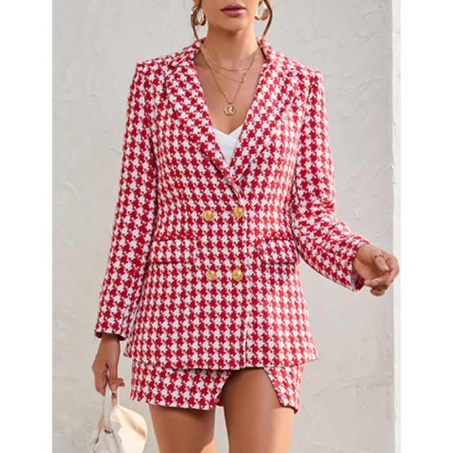 Red Plaid Print Blazer and Button Split Skirt Set TQF711046-3