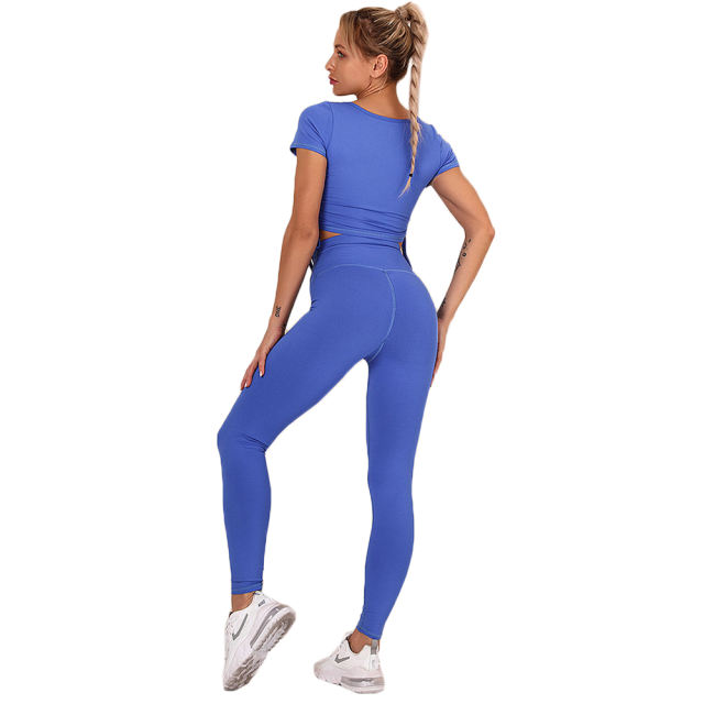 Blue Sides Drawstring Short Sleeve Yoga Pant Set TQK710243-5