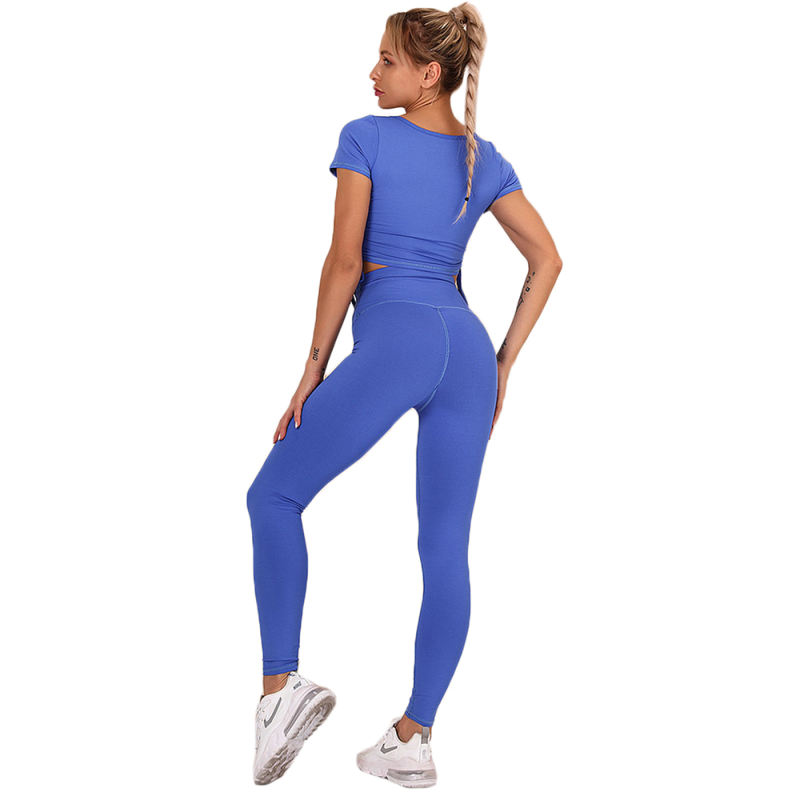 Blue Sides Drawstring Short Sleeve Yoga Pant Set TQK710243-5