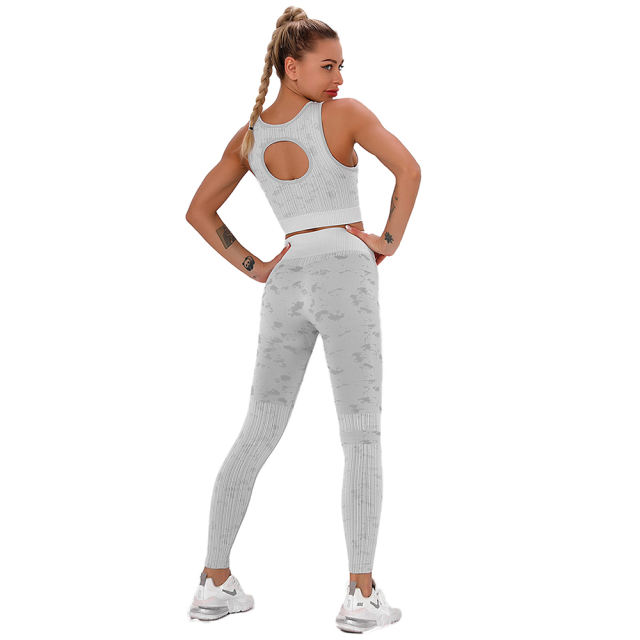 Gray Camo Print Sports Bra with High Waist Pant Set TQE00132-11