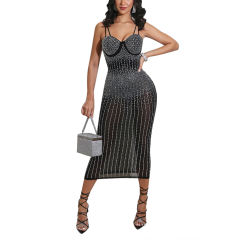 Black Mesh Rhinestone Plus Size Sling Dress TQK310775-2