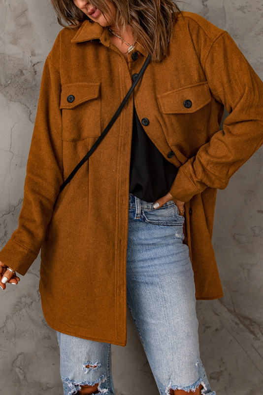 Brown Long Sleeve Pockets Buttoned Shirt Jacket LC8512409-17