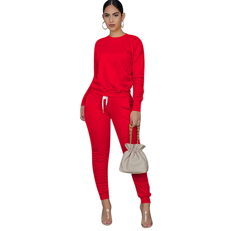 Red Cotton Blend Sweatshirt Joggers Loungewear Set TQK710133-3