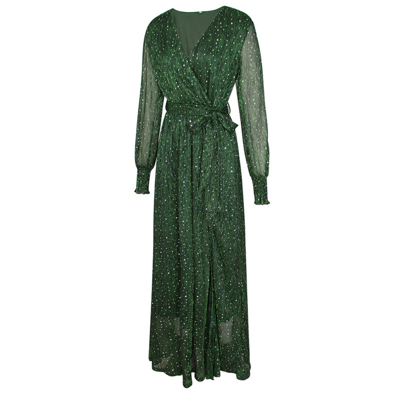 Green Sequin V Neck High Split Maxi Dress TQK311352-9