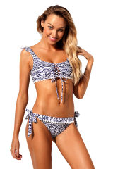 Blue Tribal Print Lacy Decor Trim 2pcs Bikini Swimsuit