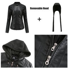 Black Removable Hooded Washed PU Leather Jacket TQK280096-2
