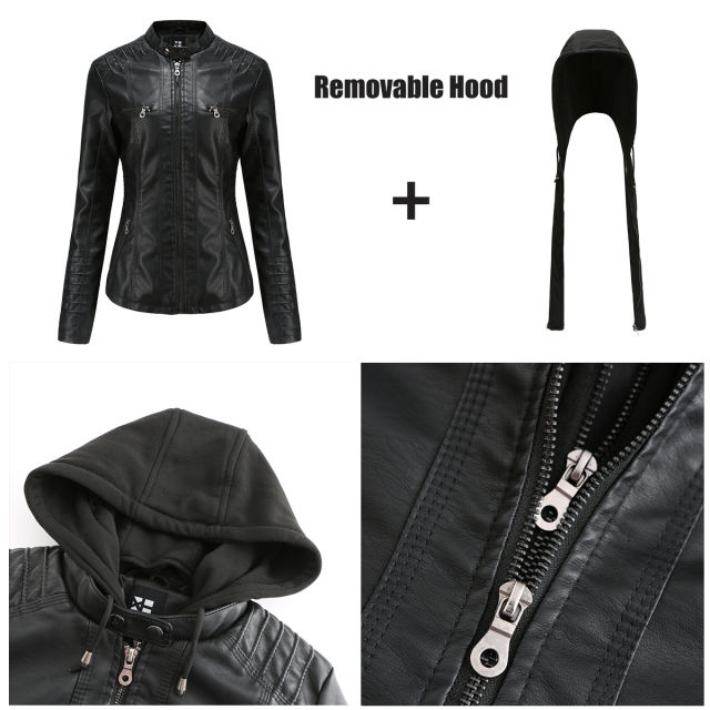 Black Removable Hooded Washed PU Leather Jacket TQK280096-2