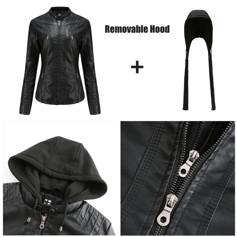 Black Removable Hooded Washed PU Leather Jacket TQK280096-2