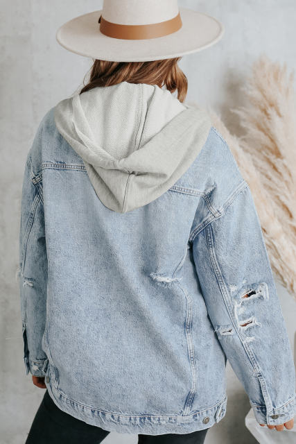 Sky Blue Button Closure Ripped Hooded Denim Jacket LC788143-4