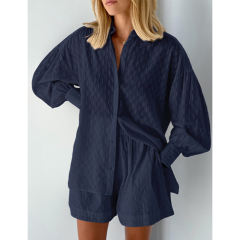 Navy Blue Hollow-out Jacquard Long Sleeve Shirt with Shorts Set TQF711040-34