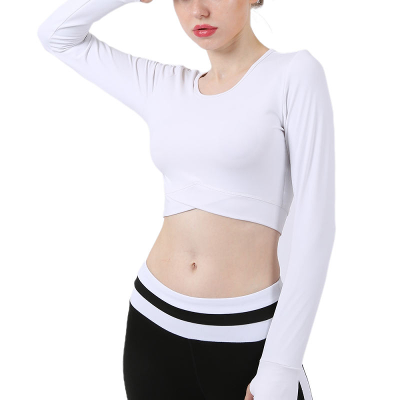 White Cross Hem Long Sleeve Sportswear Crop Tops TQE29054-1