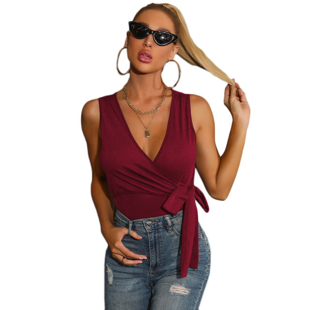 Wine Red Front Knotted V Neck Bodysuit TQK550232-23