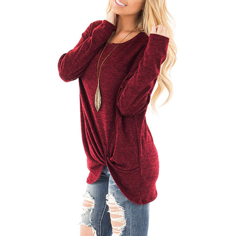 Wine Red Long Sleeve Side Twist Knotted Blouse