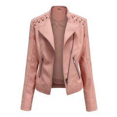 Light Pink Zipper Slim Fit Motorcycle PU Leather Jacket TQK280090-39
