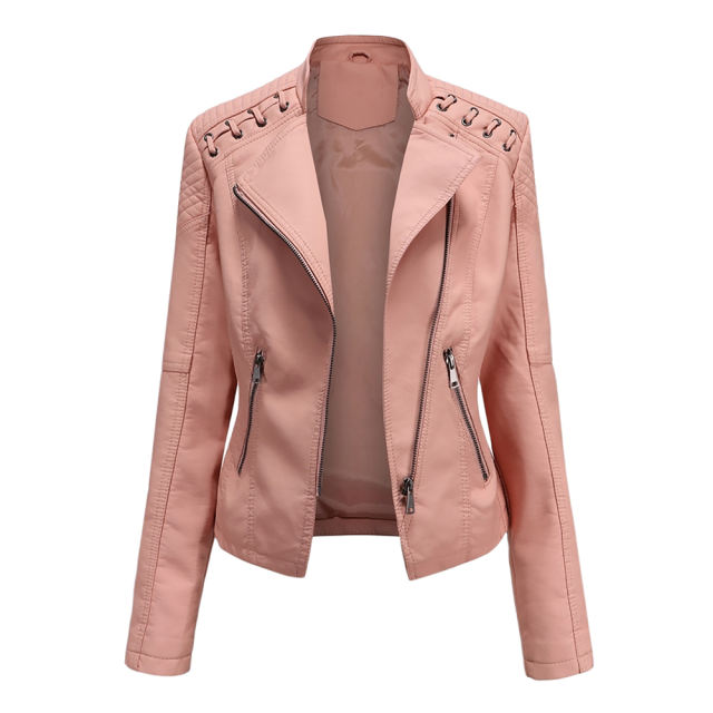 Light Pink Zipper Slim Fit Motorcycle PU Leather Jacket TQK280090-39