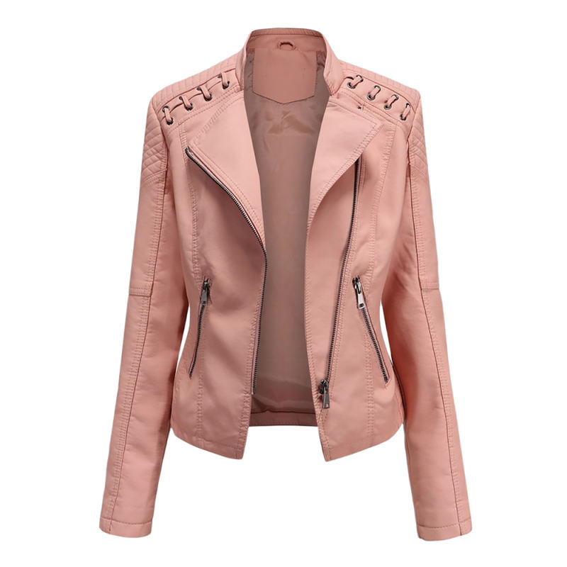 Light Pink Zipper Slim Fit Motorcycle PU Leather Jacket TQK280090-39