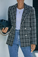 Black Lapel Collar Plaid Tweed Double Breasted Blazer LC852400-2