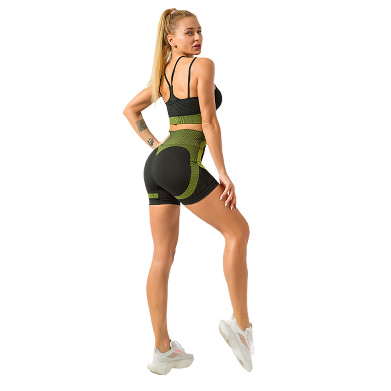 Army Green Splice Black Sports Bra With Shorts Set TQK710234-27