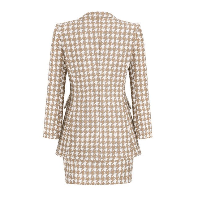 Khaki Plaid Print Blazer and Button Split Skirt Set TQF711046-21