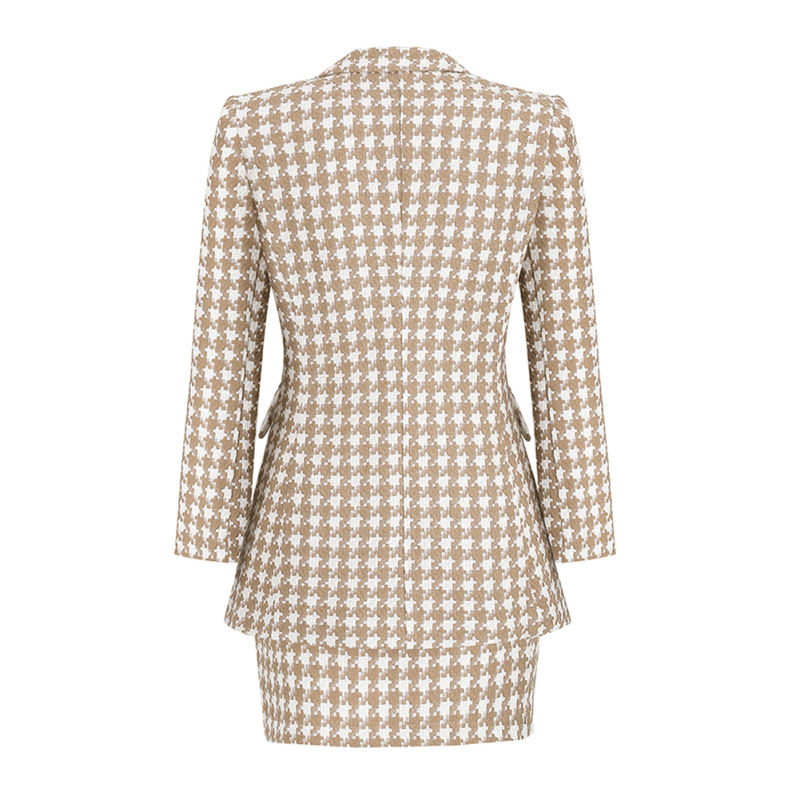 Khaki Plaid Print Blazer and Button Split Skirt Set TQF711046-21