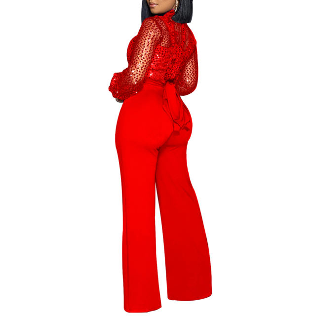 Red Back Lace-up Long Sleeve Sequin Jumpsuit TQK550346-3